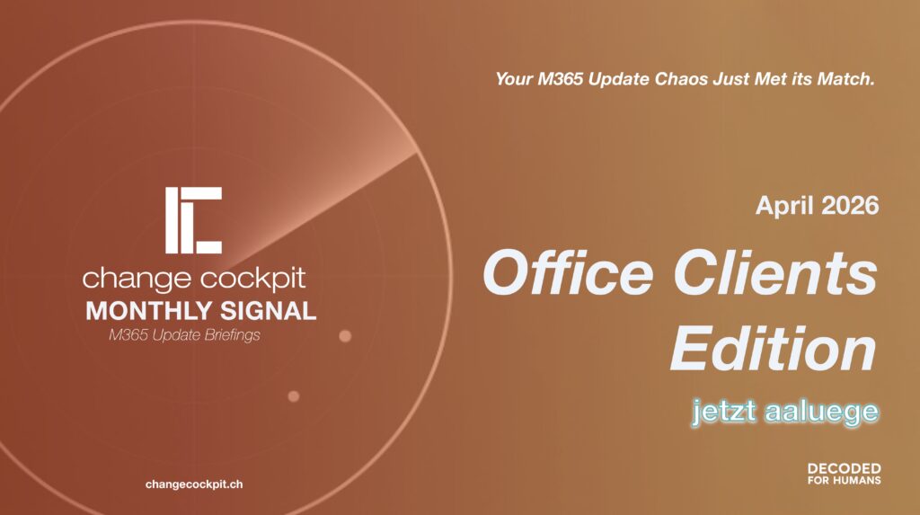 Publication cover: Office Clients Edition, April 2026, Change Cockpit Monthly Signal (orange gradient).