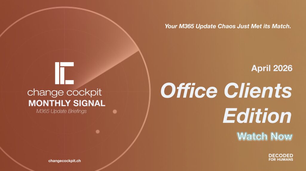 Brown gradient banner with circular radar design announcing M365 Update Chaos Meet its Match, April 2026, Office Clients Edition